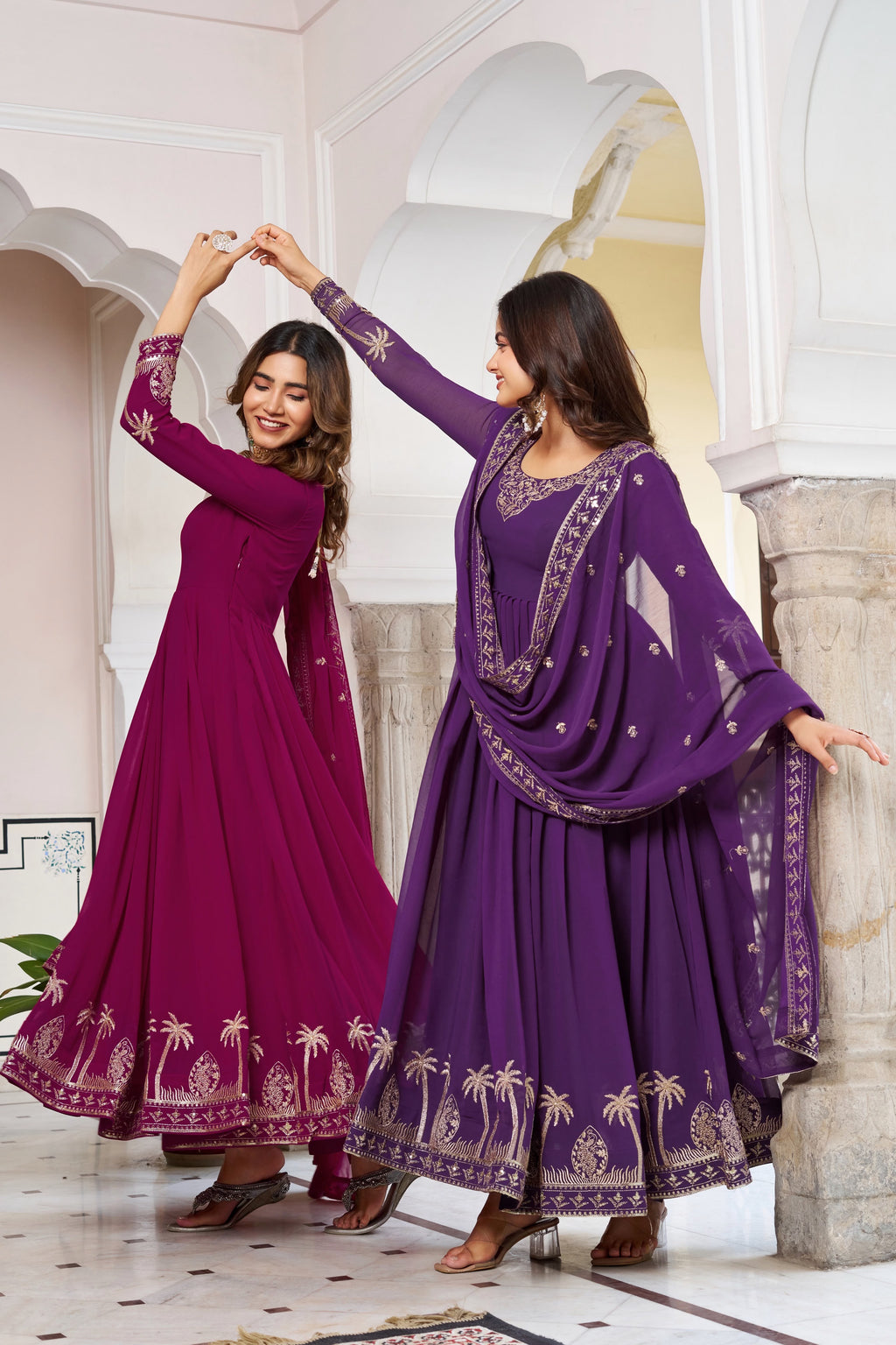 Faux Georgette Sequence & Thread Embroidered Gown Set with Pants & Dupatta