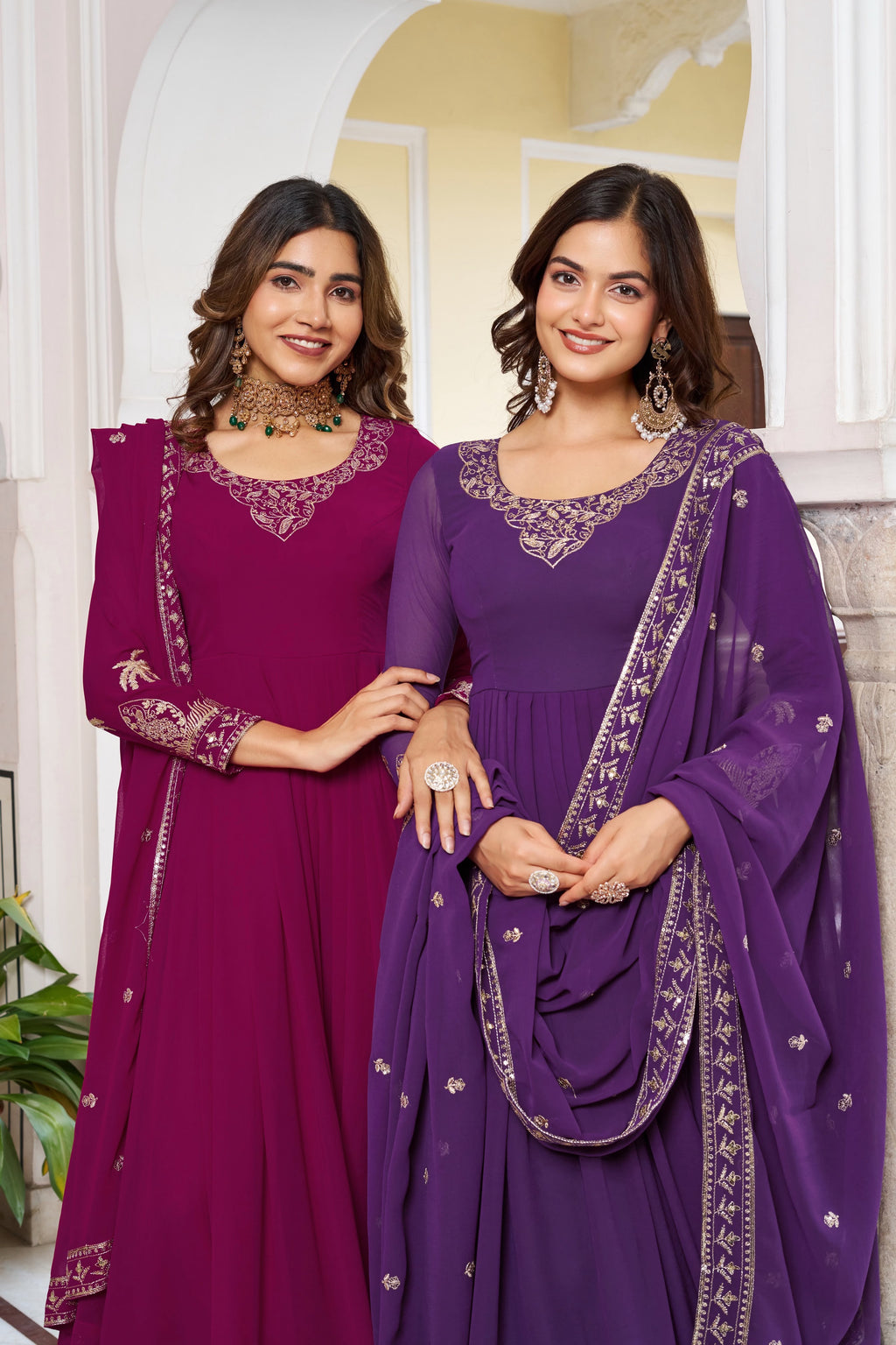Faux Georgette Sequence & Thread Embroidered Gown Set with Pants & Dupatta