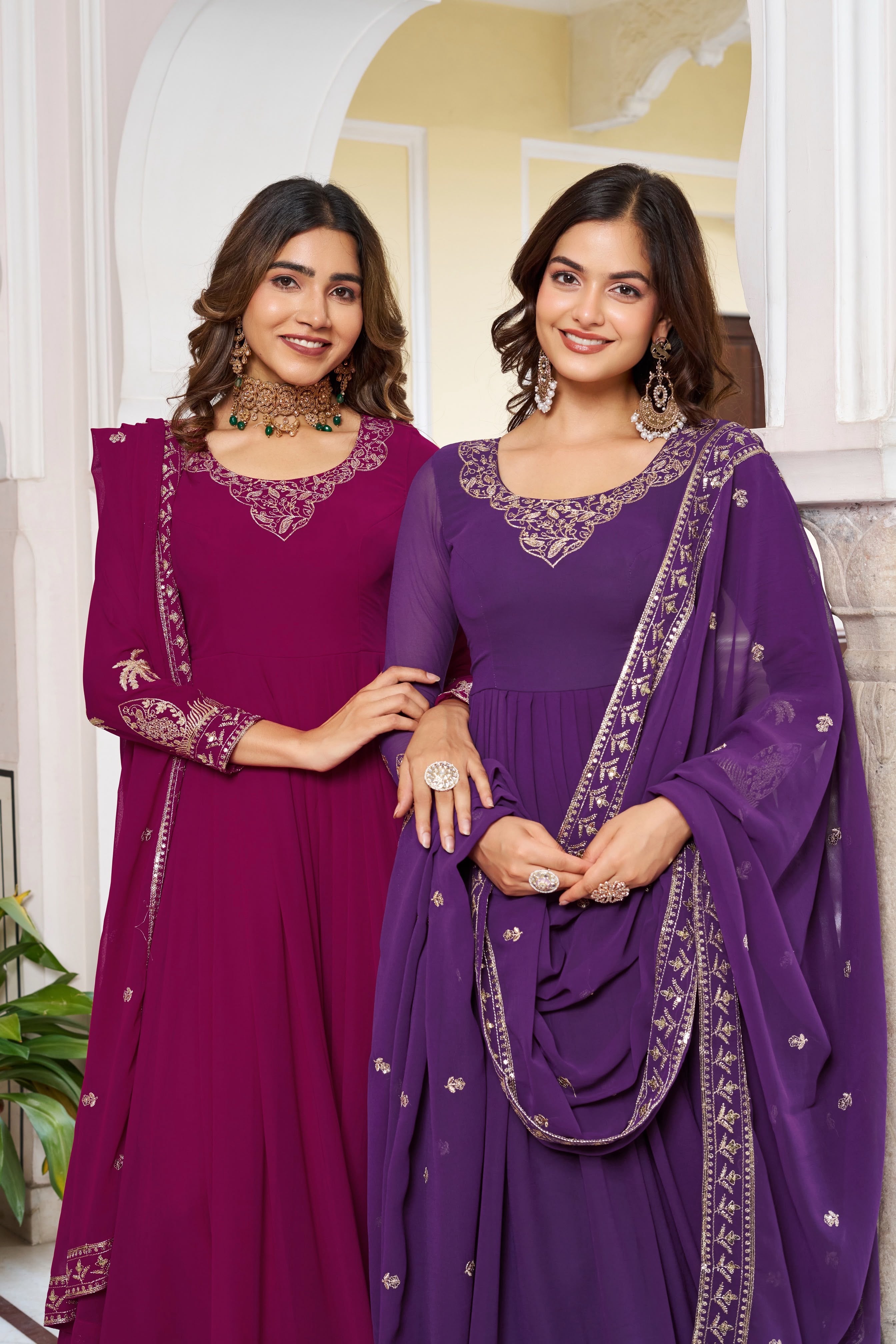 Faux Georgette Sequence & Thread Embroidered Gown Set with Pants & Dupatta