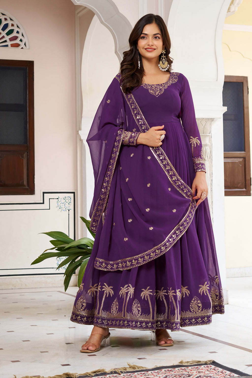Faux Georgette Sequence & Thread Embroidered Gown Set with Pants & Dupatta