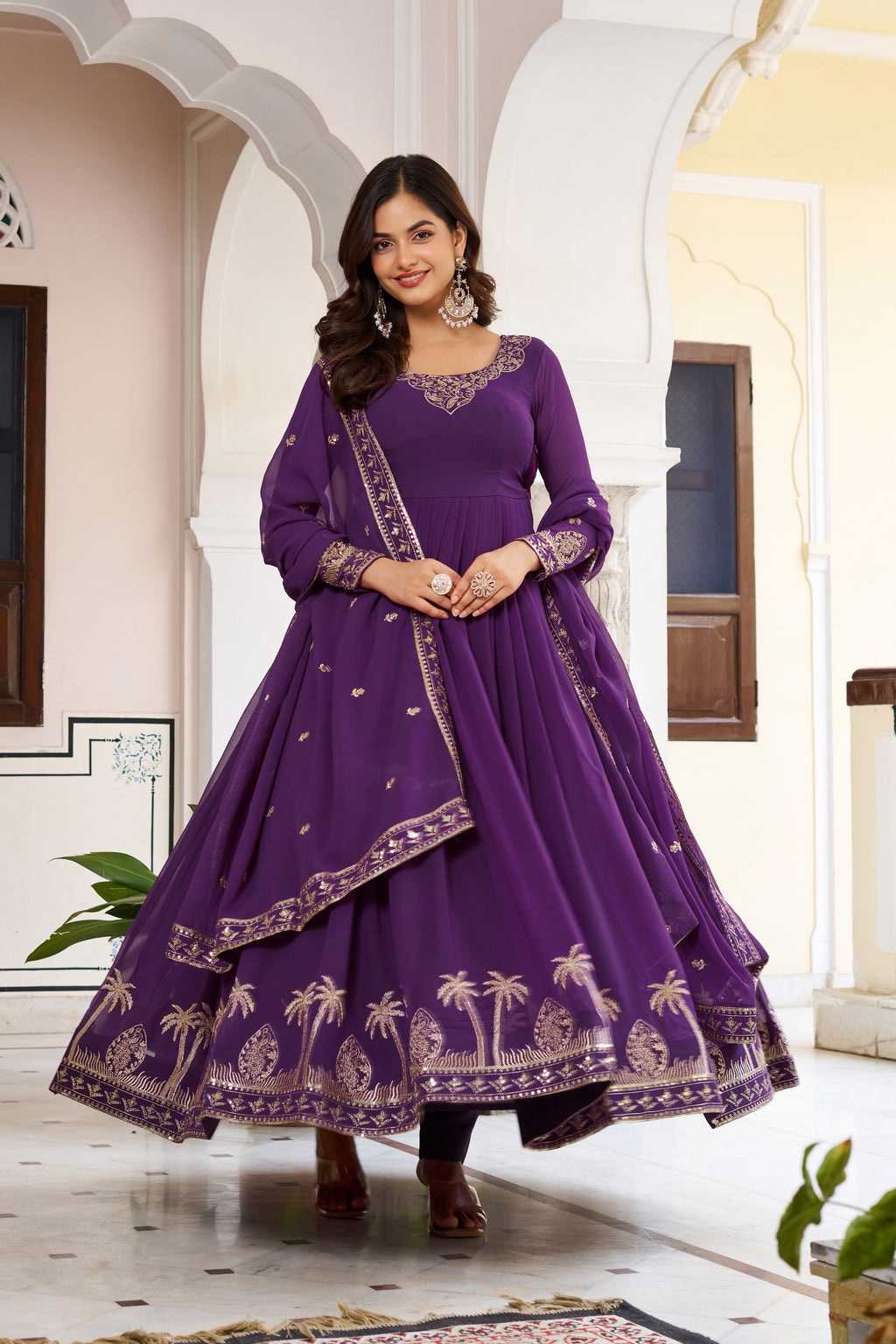 Faux Georgette Sequence & Thread Embroidered Gown Set with Pants & Dupatta