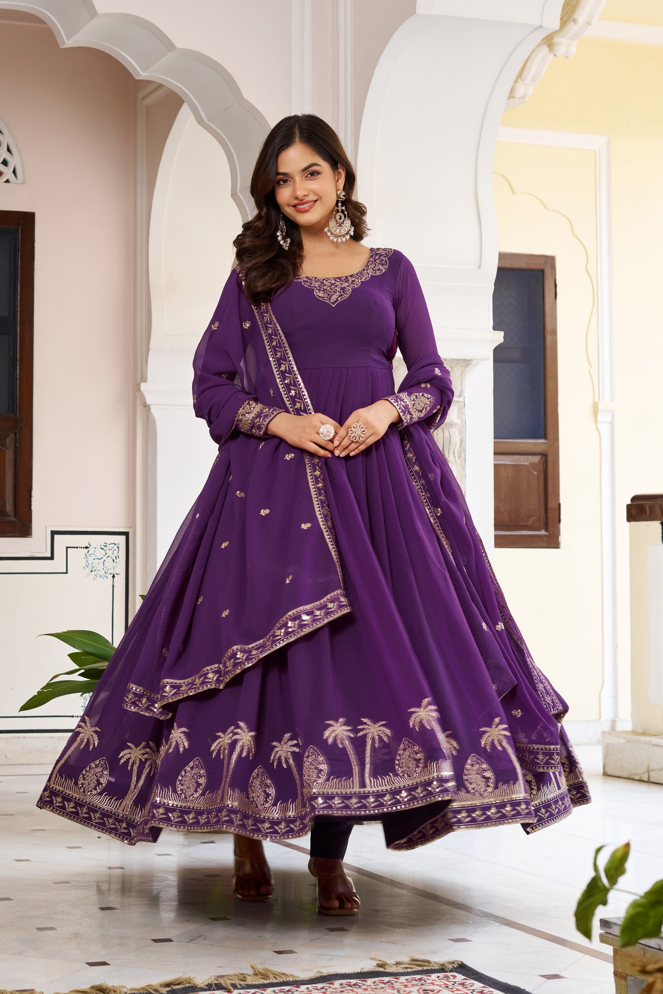 Faux Georgette Sequence & Thread Embroidered Gown Set with Pants & Dupatta