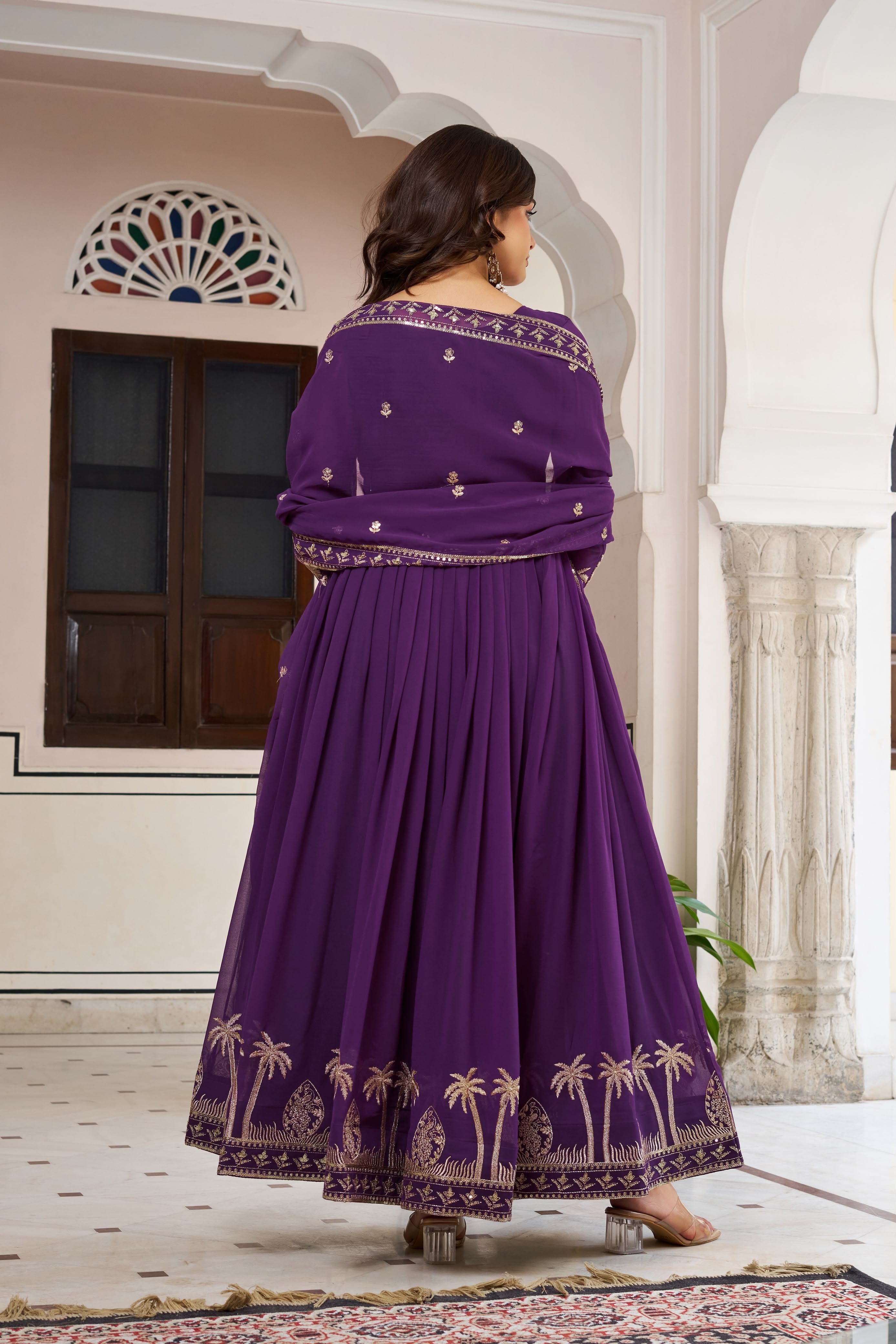 Faux Georgette Sequence & Thread Embroidered Gown Set with Pants & Dupatta