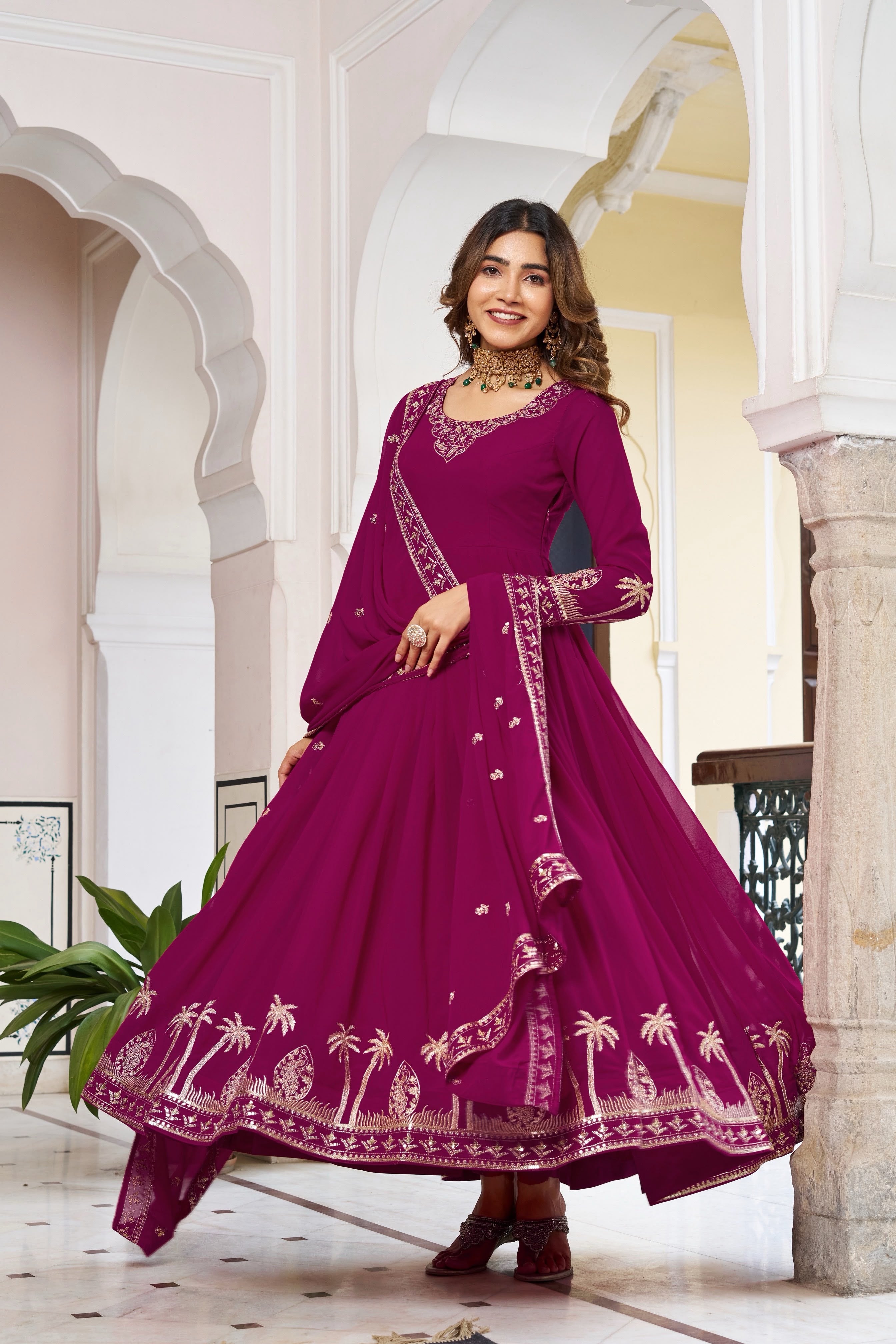 Faux Georgette Sequence & Thread Embroidered Gown Set with Pants & Dupatta