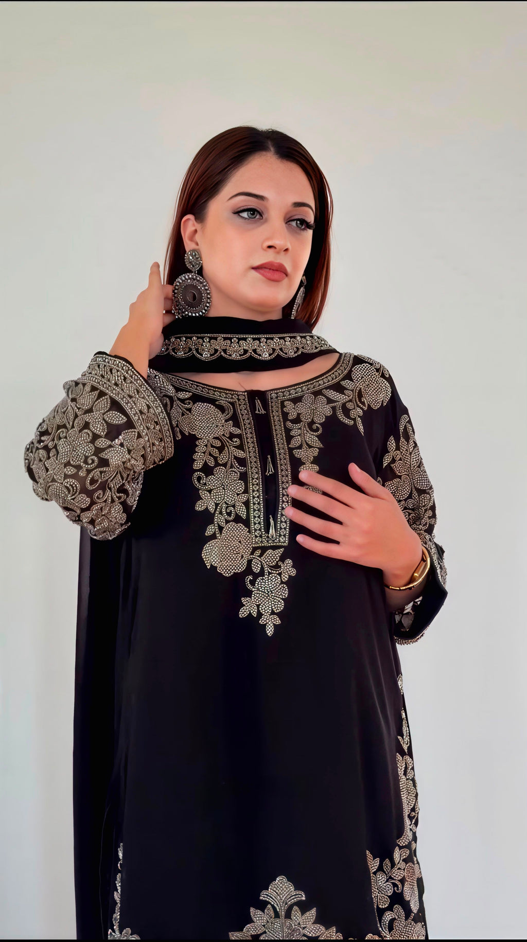 Black Faux Georgette Heavy Embroidery Sequence Work Kurta Pant Dupatta Set – Fully Stitched Ready to Wear
