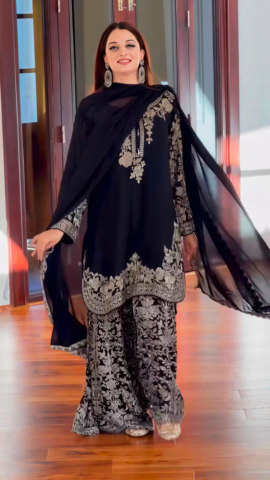 Black Faux Georgette Heavy Embroidery Sequence Work Kurta Pant Dupatta Set – Fully Stitched Ready to Wear