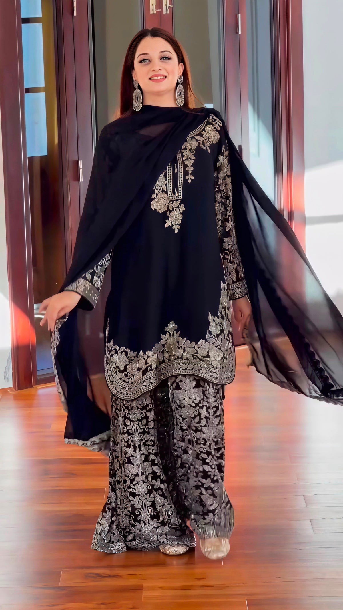 Black Faux Georgette Heavy Embroidery Sequence Work Kurta Pant Dupatta Set – Fully Stitched Ready to Wear