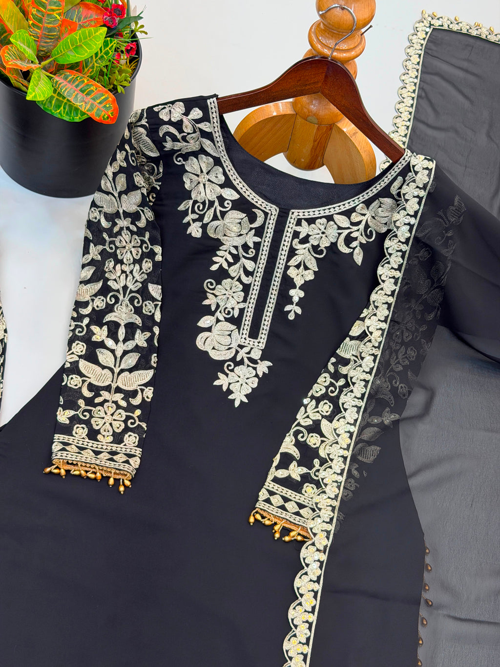 Black Faux Georgette Heavy Embroidery Sequence Work Kurta Pant Dupatta Set – Fully Stitched Ready to Wear