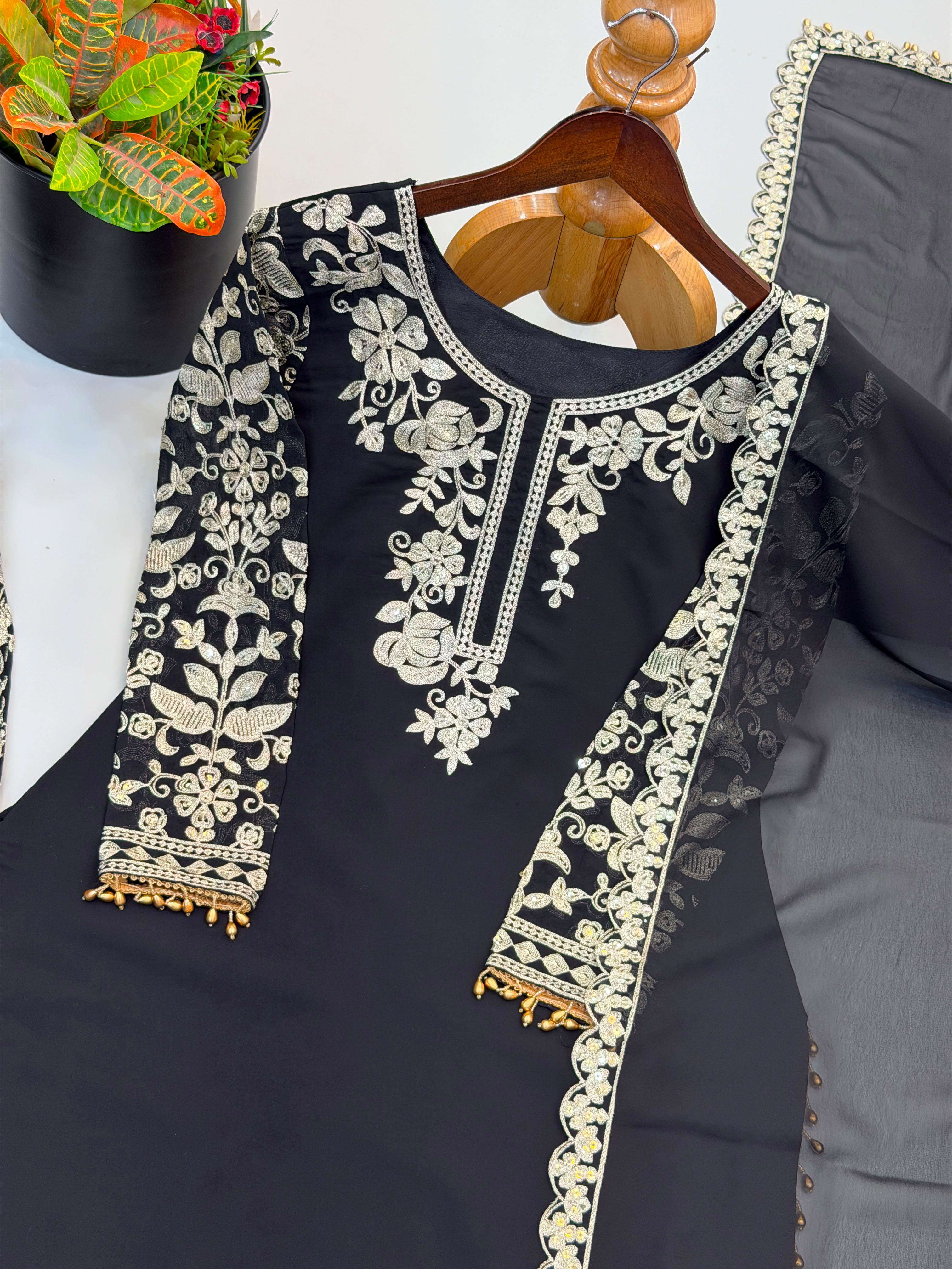 Black Faux Georgette Heavy Embroidery Sequence Work Kurta Pant Dupatta Set – Fully Stitched Ready to Wear