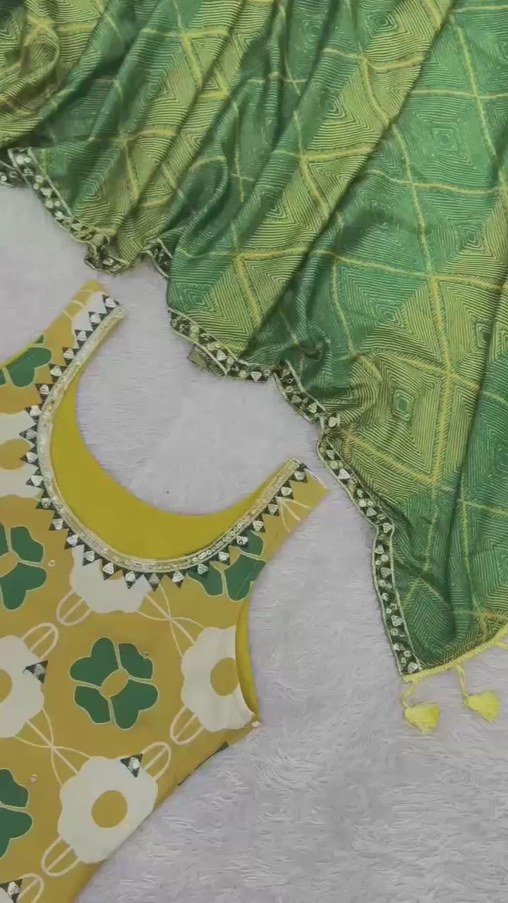 Pure Chinon Silk Digital Print & Sequence Embroidered Top, Palazzo & Dupatta Set
