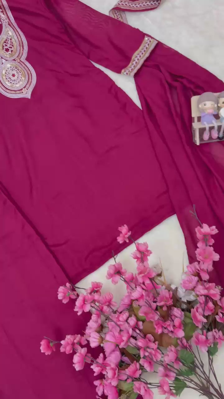Vichitra Silk Embroidered Kurti & Plazzo Set with Double Draped Dupatta