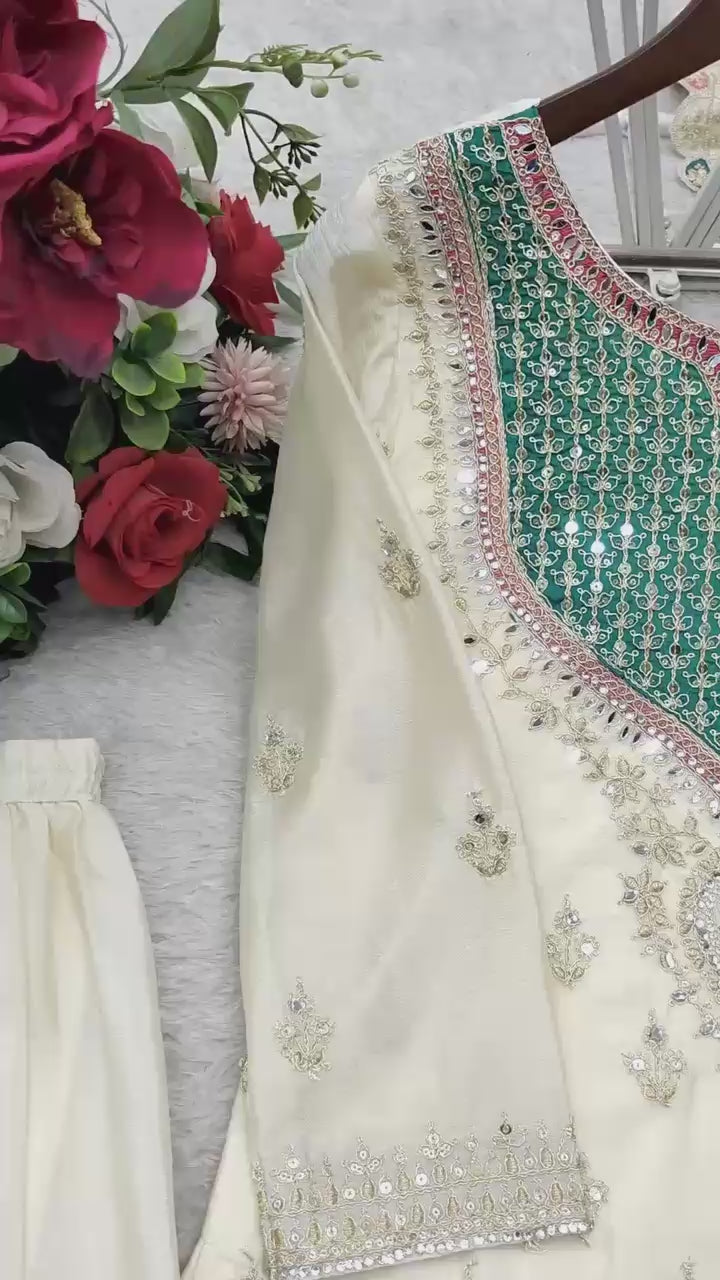 3-Piece Handwork & Sequence Embroidered Chinon Silk Sharara Set