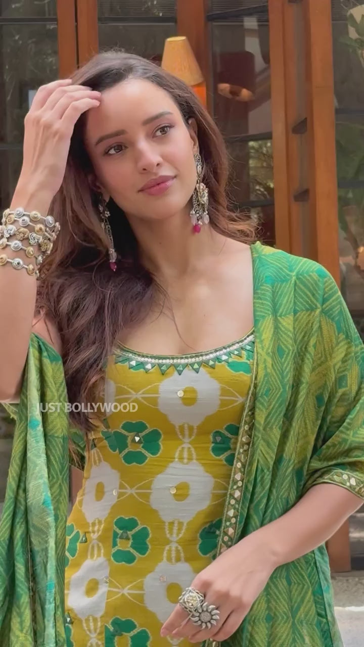 Pure Chinon Silk Digital Print & Sequence Embroidered Top, Palazzo & Dupatta Set