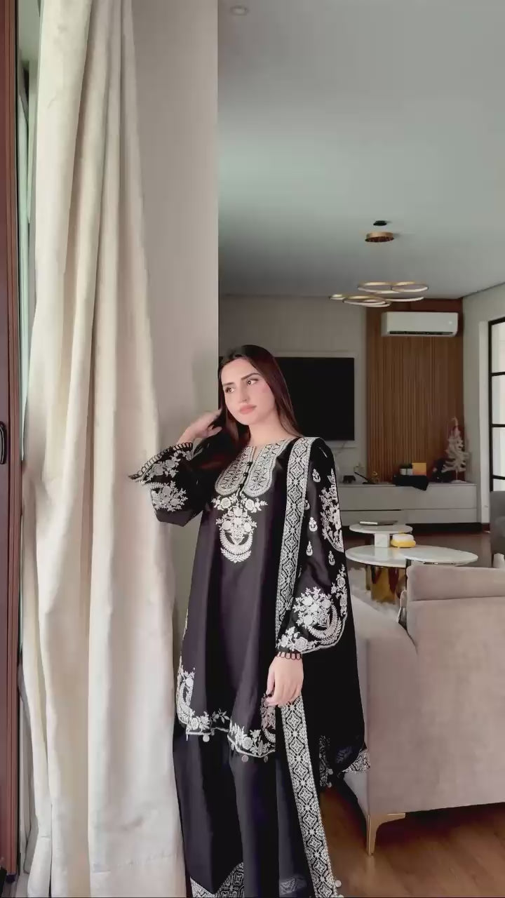 3-Piece French Crepe Zari Embroidered Kurti & Palazzo Set