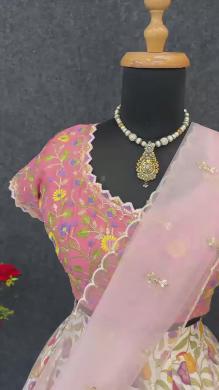 Printed Chinon Silk Flared Lehenga Choli Set with Sequins Embroidery & Net Dupatta