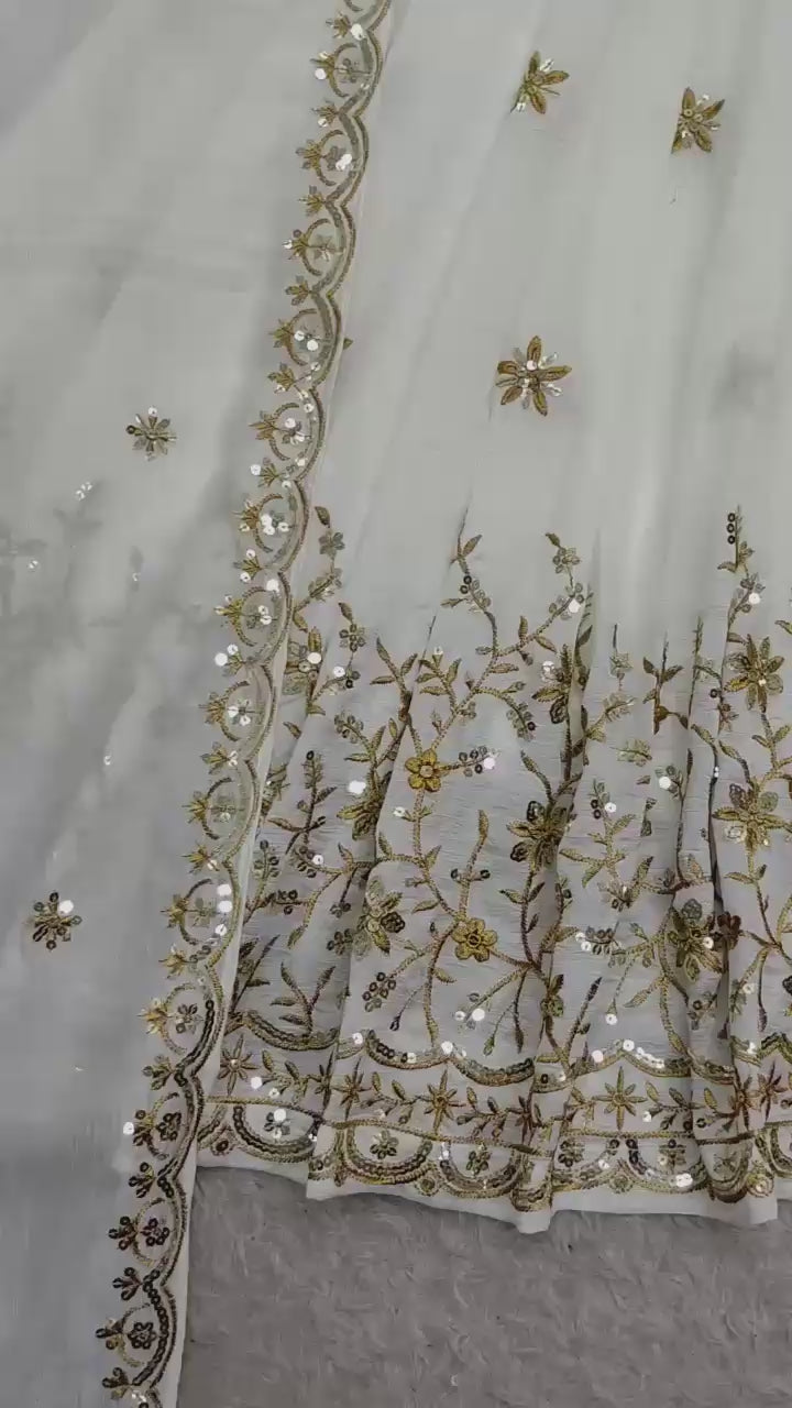 3-Piece Vichitra Silk Embroidered Gown Set with Pants & Dupatta | Style 8063