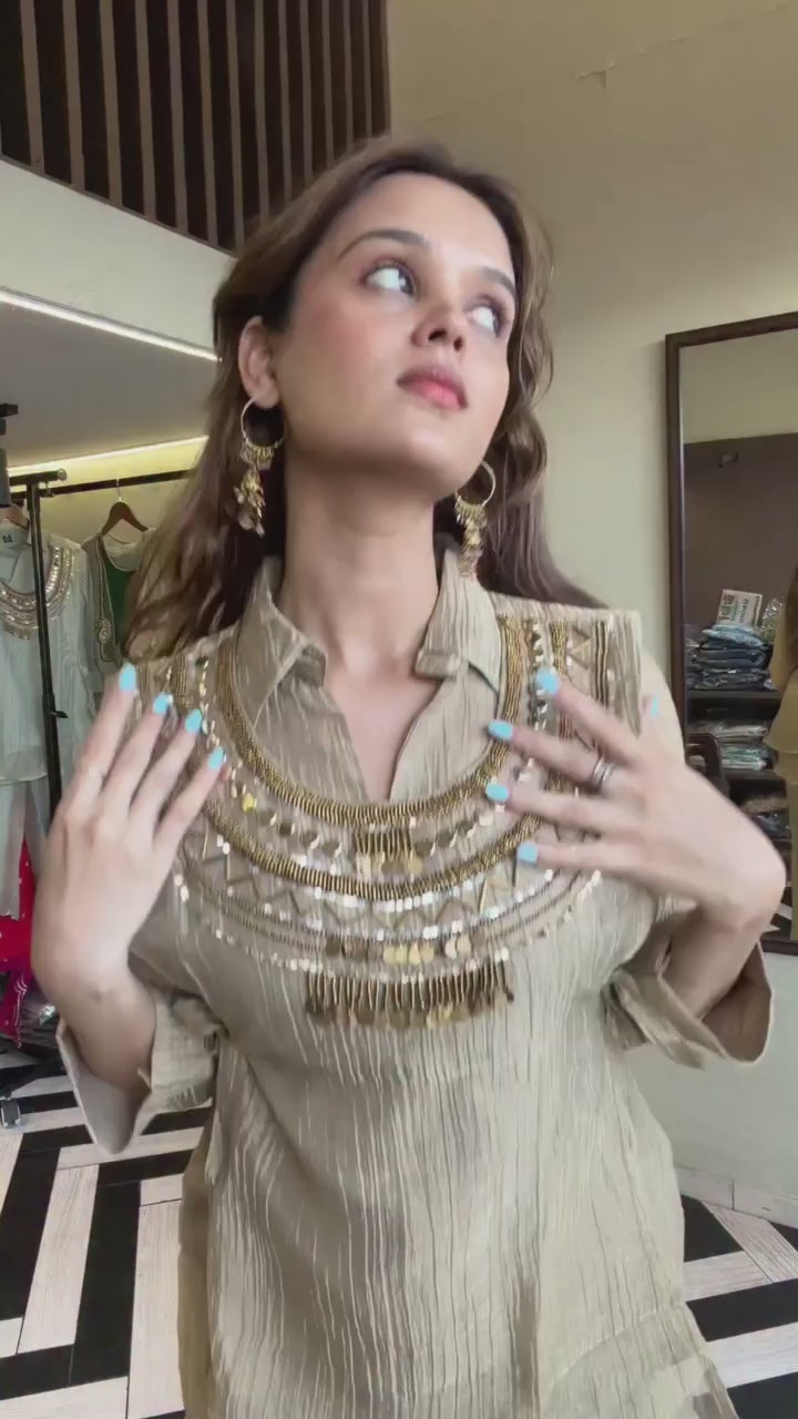 3-Piece Gold Crush Kurti & Palazzo Set with Embroidered Sequence Jacket