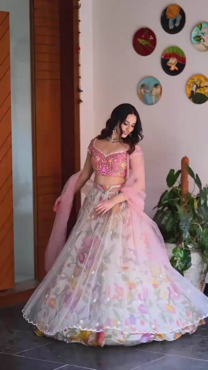 Printed Chinon Silk Flared Lehenga Choli Set with Sequins Embroidery & Net Dupatta