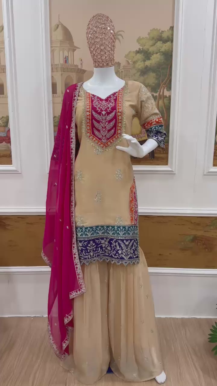 Heavy 3-Piece Silk Suit Set with Embroidery Work & Fancy Lace