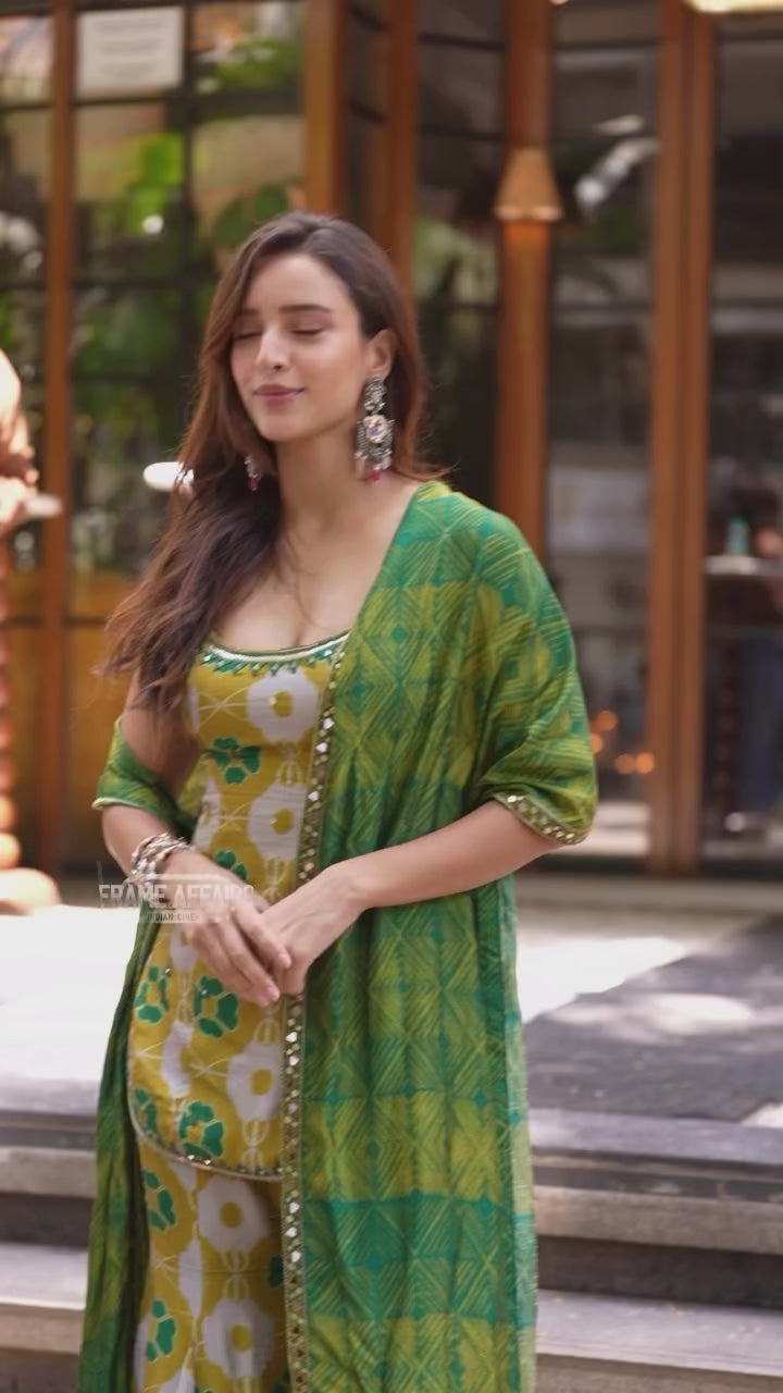 Pure Chinon Silk Digital Print & Sequence Embroidered Top, Palazzo & Dupatta Set