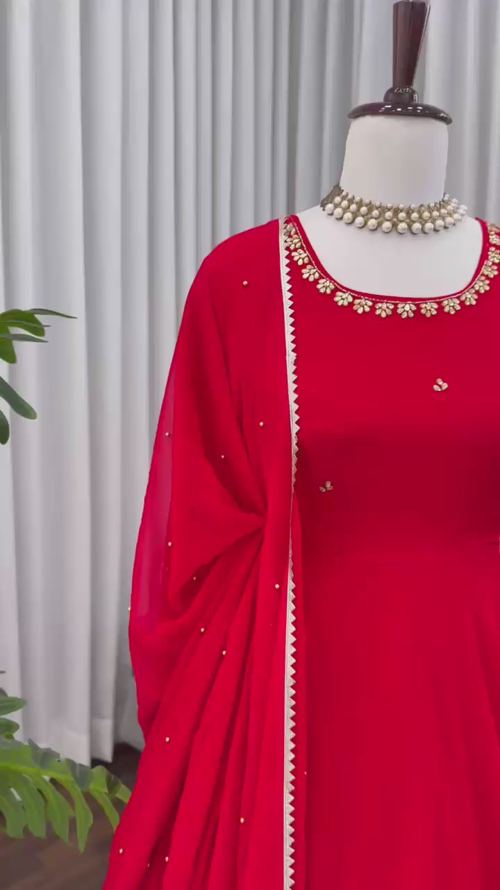 Handwork & Stone Embroidered Faux Georgette Flared Gown Set with Dupatta