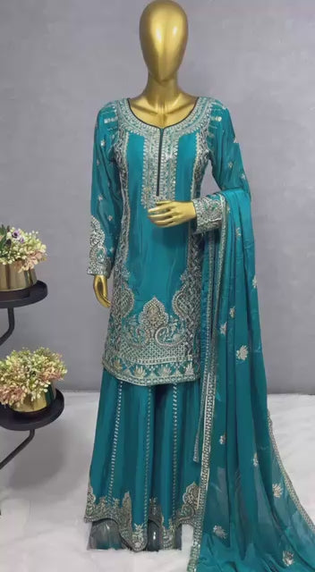 Designer Pure Chinon Silk Embroidered Kurti, Palazzo & Dupatta Suit Set