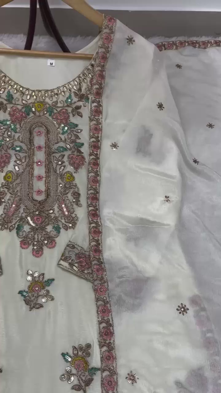 Designer Heavy Chinon Silk Sequins Embroidered Kurti & Palazzo Set with Dupatta