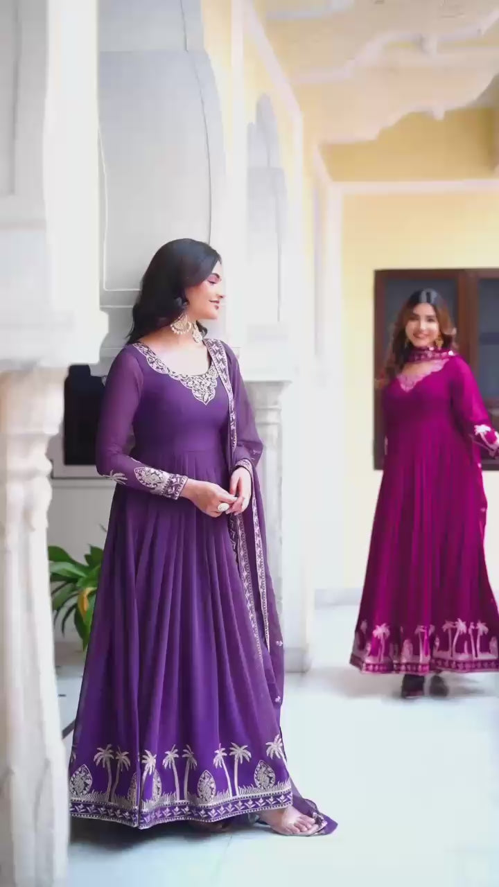 Faux Georgette Sequence & Thread Embroidered Gown Set with Pants & Dupatta