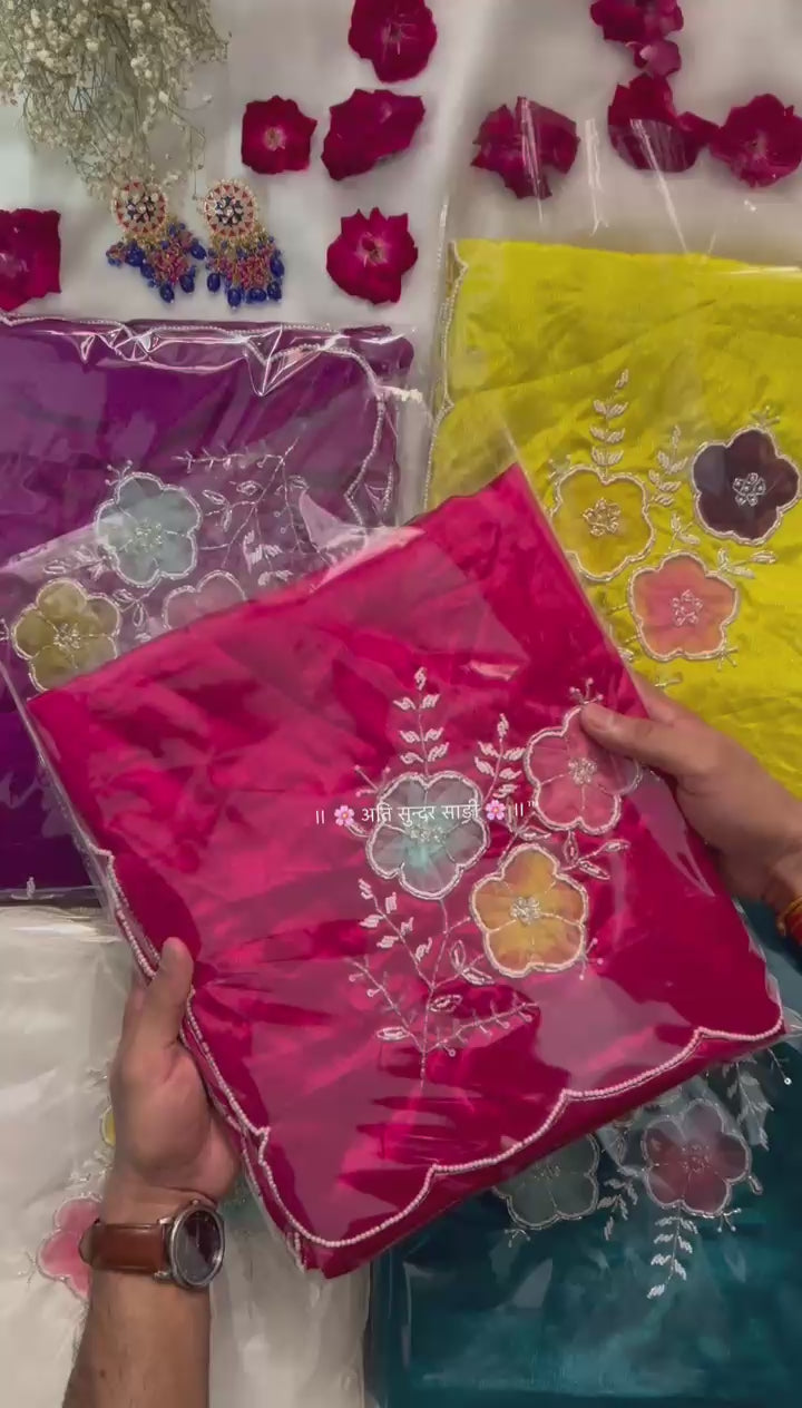 Designer Chinon Silk Saree with Moti & Cutdana Handwork