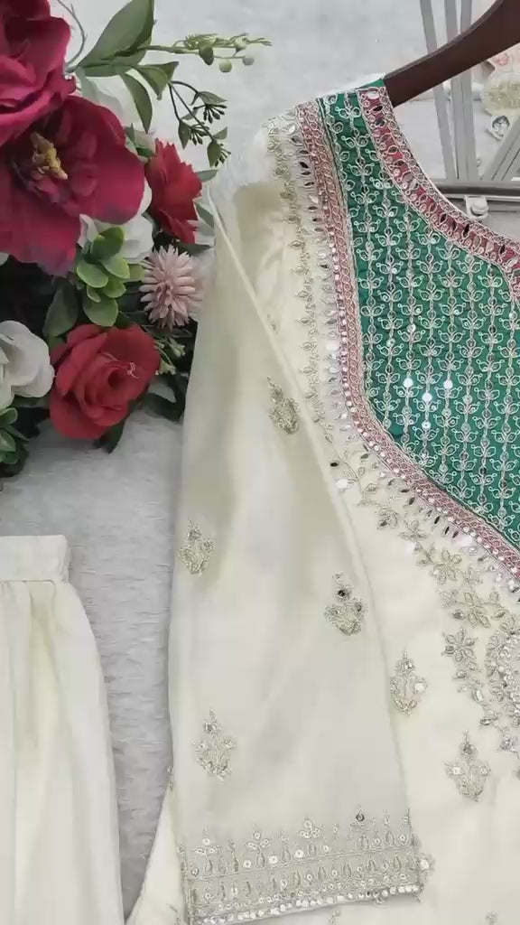 Embroidered Chinon Silk Sharara Suit Set with Hand Mirror Work (Style 6000)