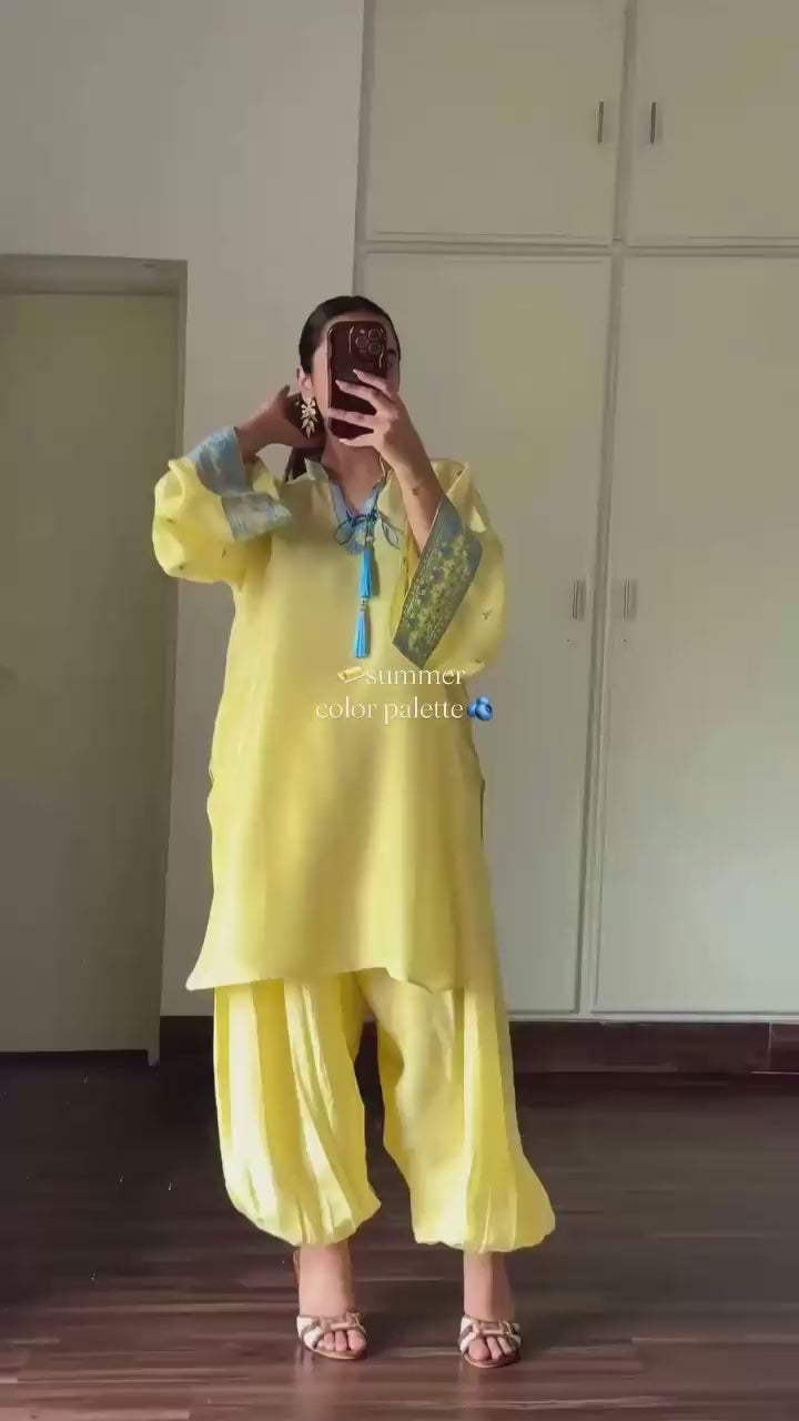 Designer Pure Crepe Silk Kurti Set with Balloon Pants & Organza Dupatta
