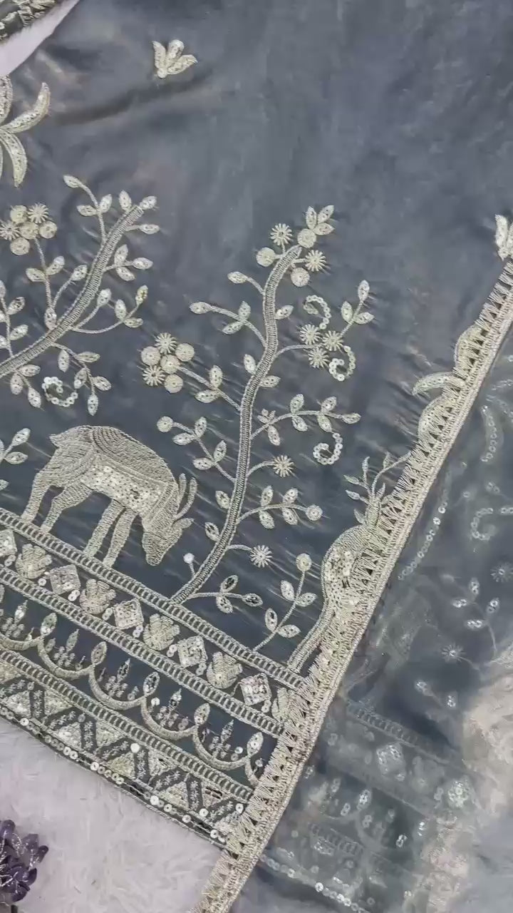 Heavy Sequence Embroidered Pure Frendy Silk Top & Sharara Set with Dupatta