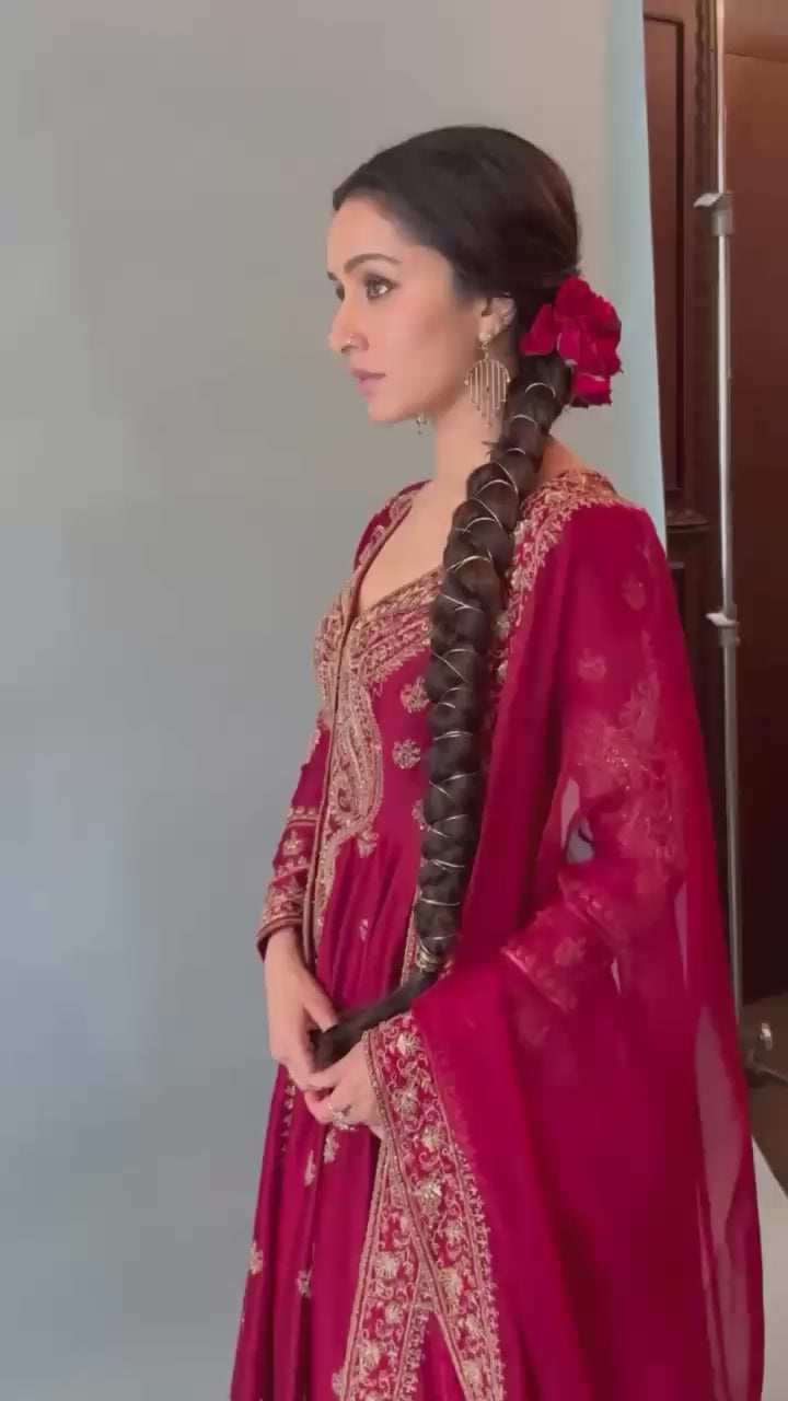 Embroidered Chinon Silk Anarkali Gown with Palazzo & Sequinned Georgette Dupatta