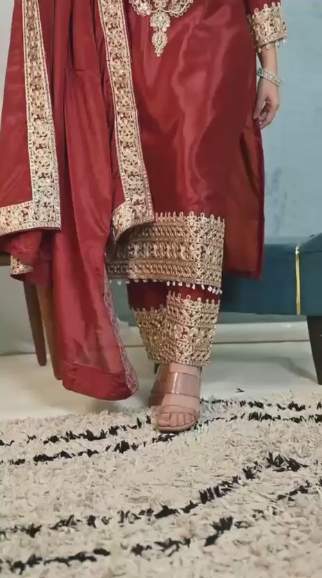 Heavy Sequence Coding Embroidered Pure Chinon Silk Suit Set with Pant & Dupatta