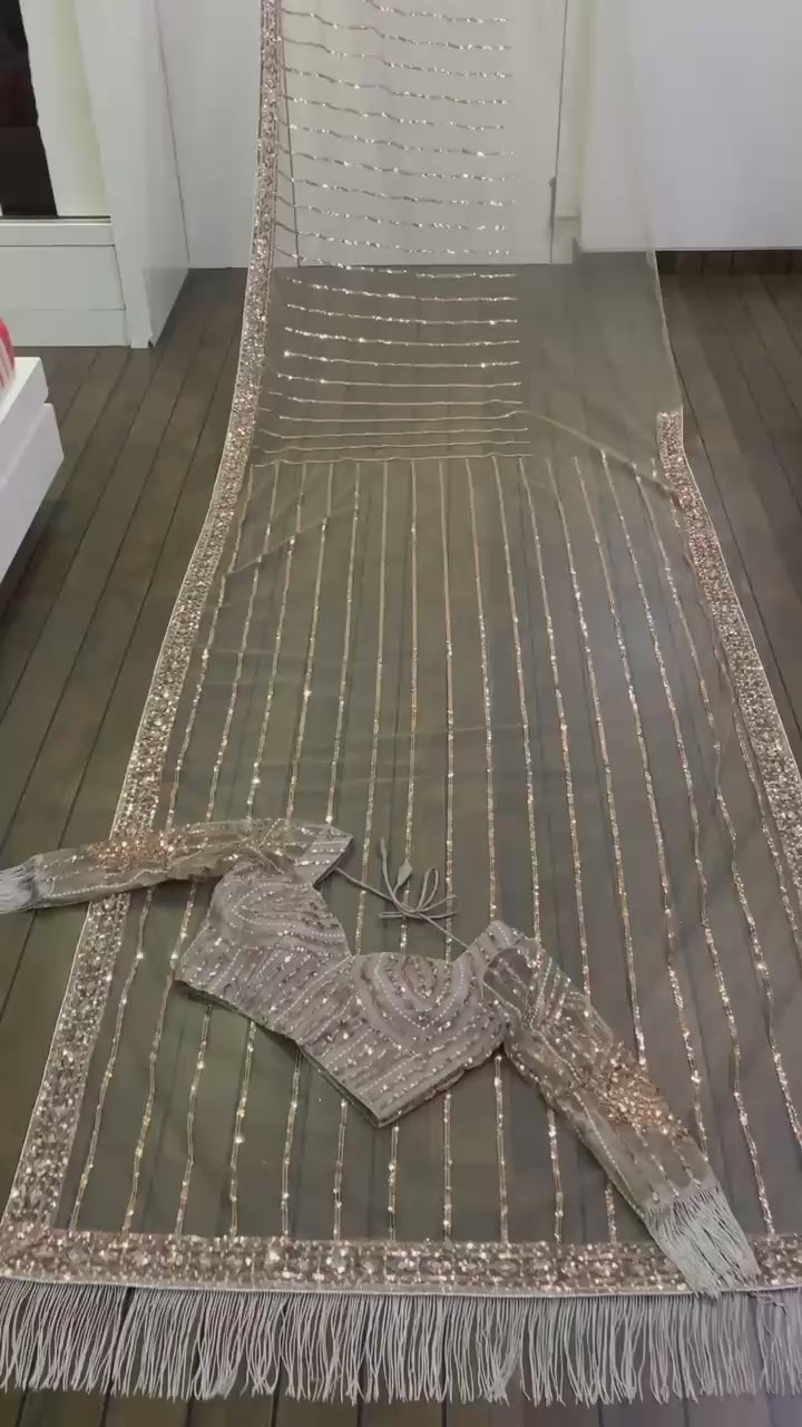 Designer Sequins & Zari Embroidered Net Saree with Satin Inner