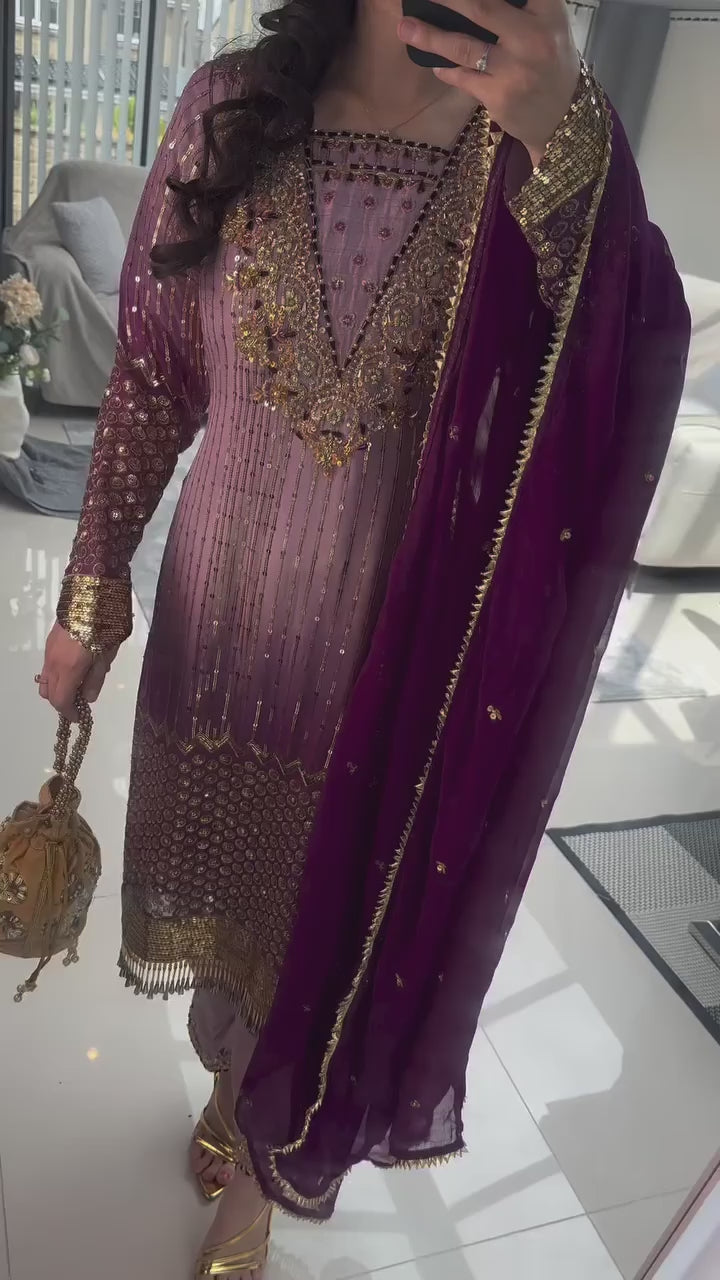 Designer Chinon Floral Print Top, Sequence Embroidered Pant & Dupatta Set