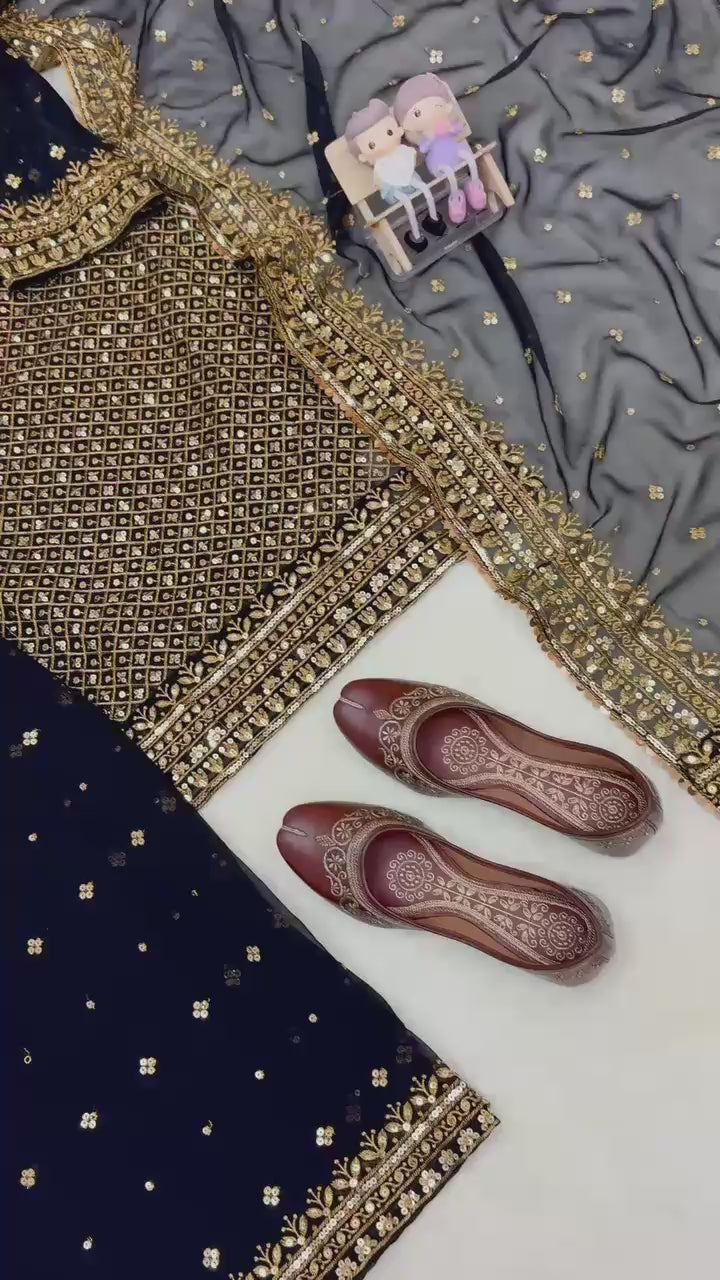 Georgette Sequins & Zari Embroidered Kurti & Plazzo Set with Dupatta