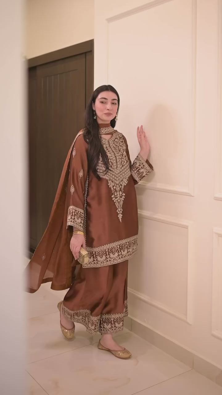 Premium Chinon Silk Embroidered Top, Palazzo & Dupatta Set