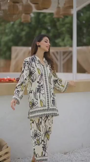 Printed Pure Malai Satin Silk Co-Ord Set – Top & Pant