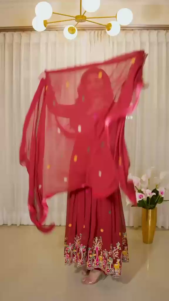 Embroidered Pure Fox Georgette Gown, Pant & Dupatta Set