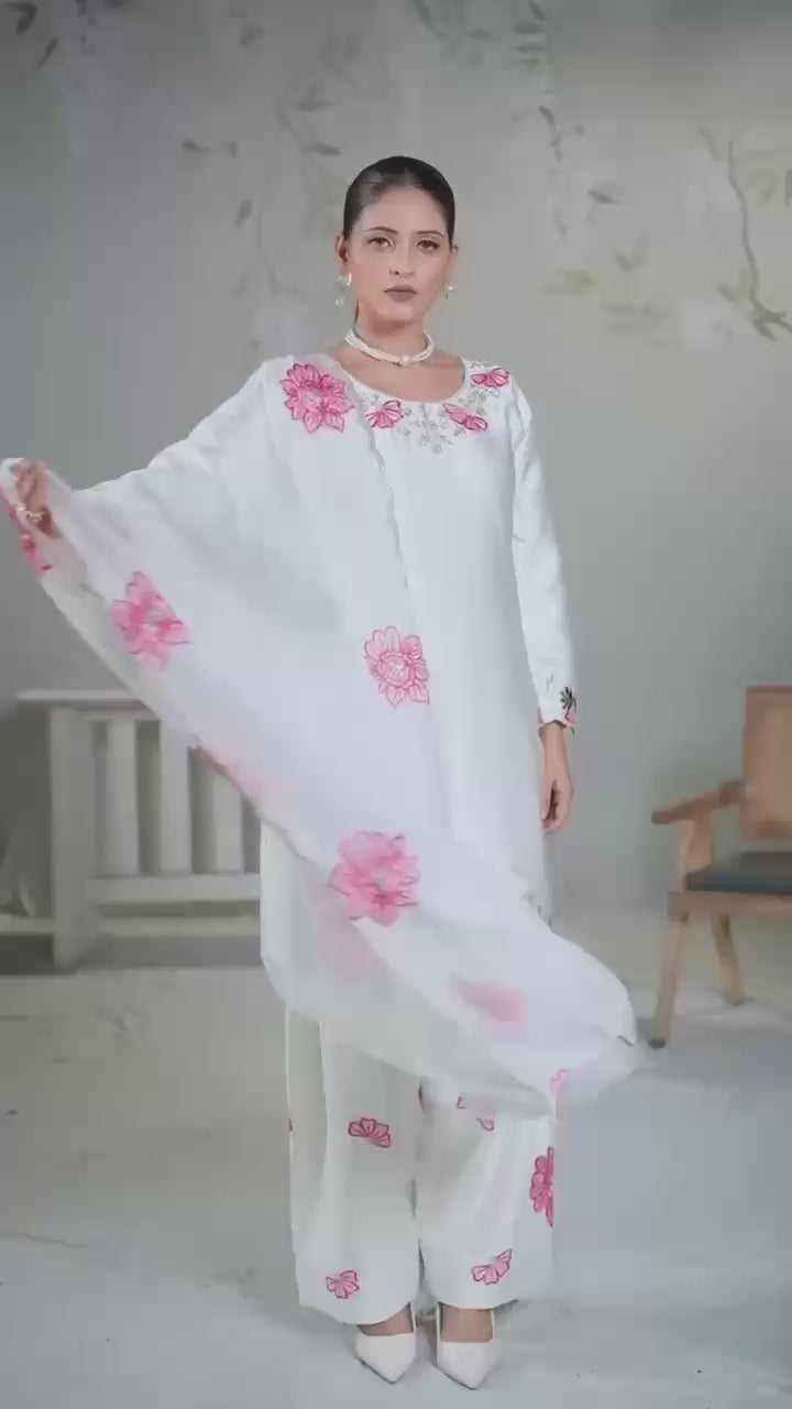 Product Title Pure Devsena Silk Heavy Embroidered Top with Farshi Shalwar & Tabby Organza Dupatta Set