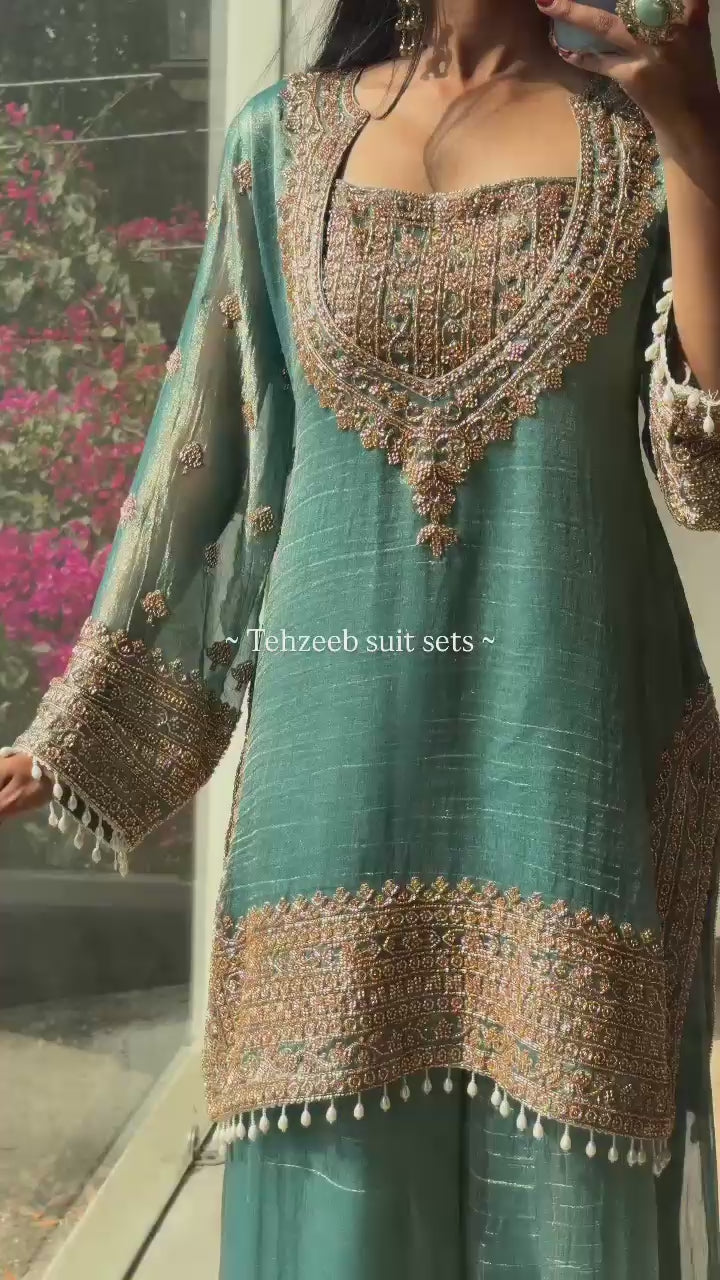 Fendy Silk Embroidered Sequence Suit Set with Sharara Pants & Dupatta