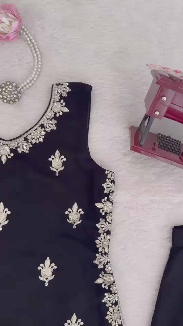 Designer Faux Georgette Thread & Sequence Embroidered Top and Palazzo Set with Net Dupatta